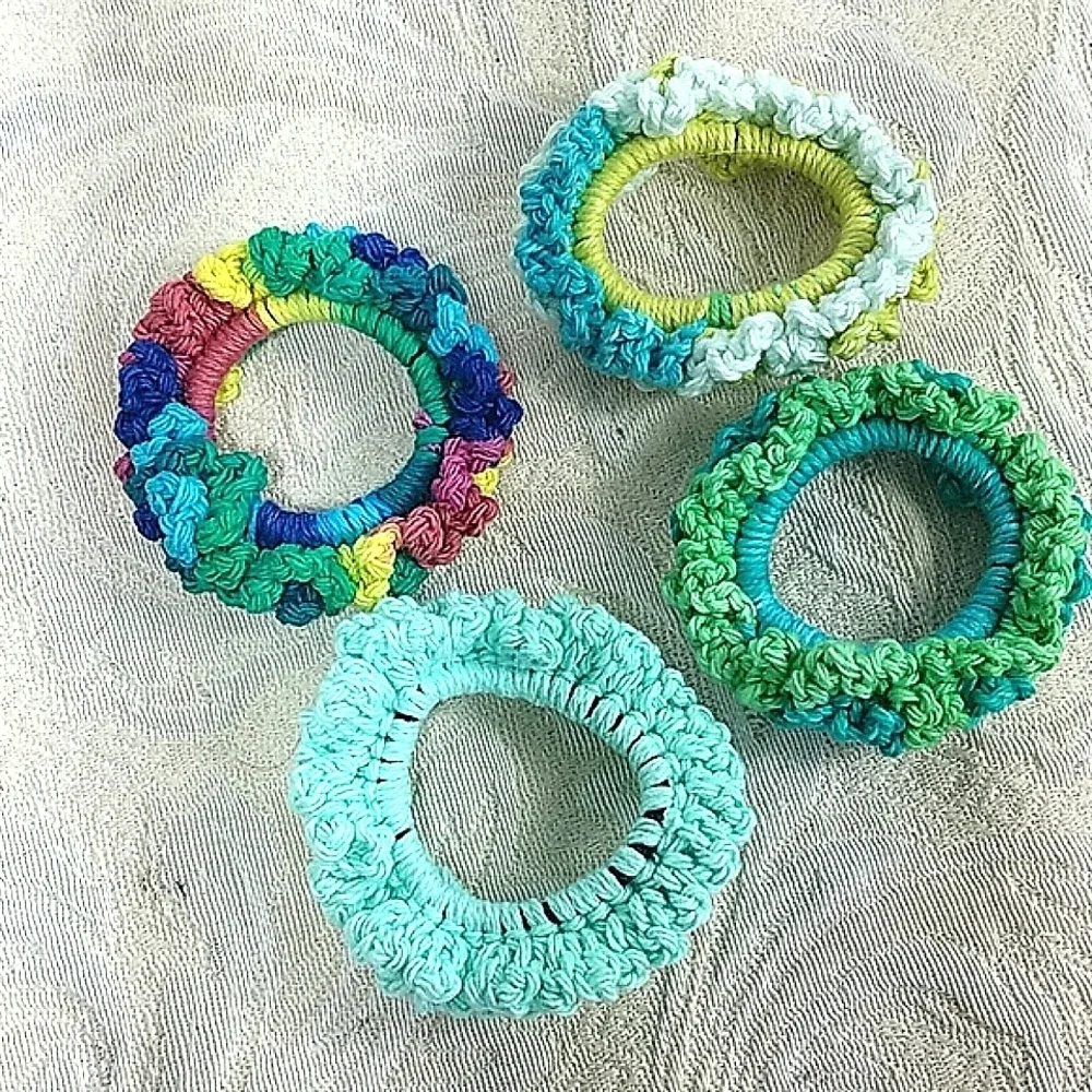 Scrunchies crocheted handmade lot of 4 bundle turquoise blue yellow multicolor
